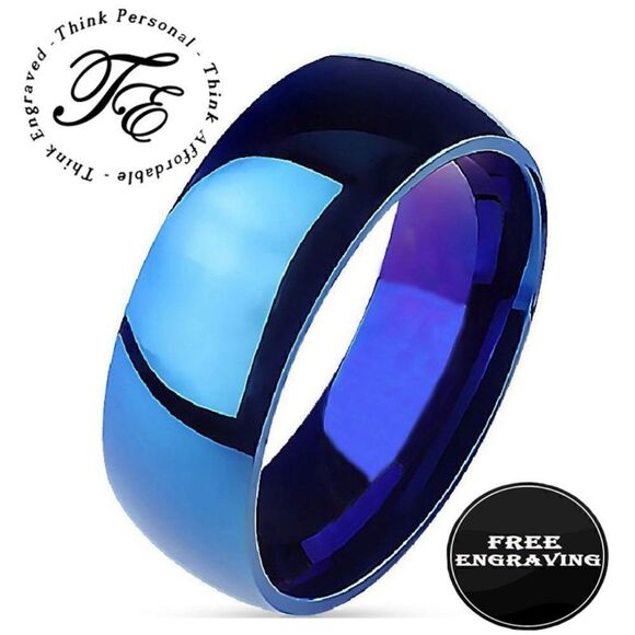 Personalized Engraved Men's Blue Wedding Ring  Band - Engraved Ring For Him - Picture 1 of 4